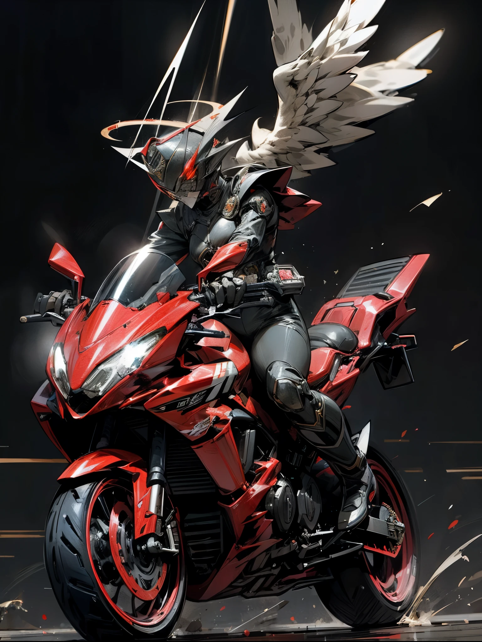 Kamen Rider,Angel, woman,heaven battle arena background,rider kick,halo,devil custumize morter cycle riding,riders battle royal,