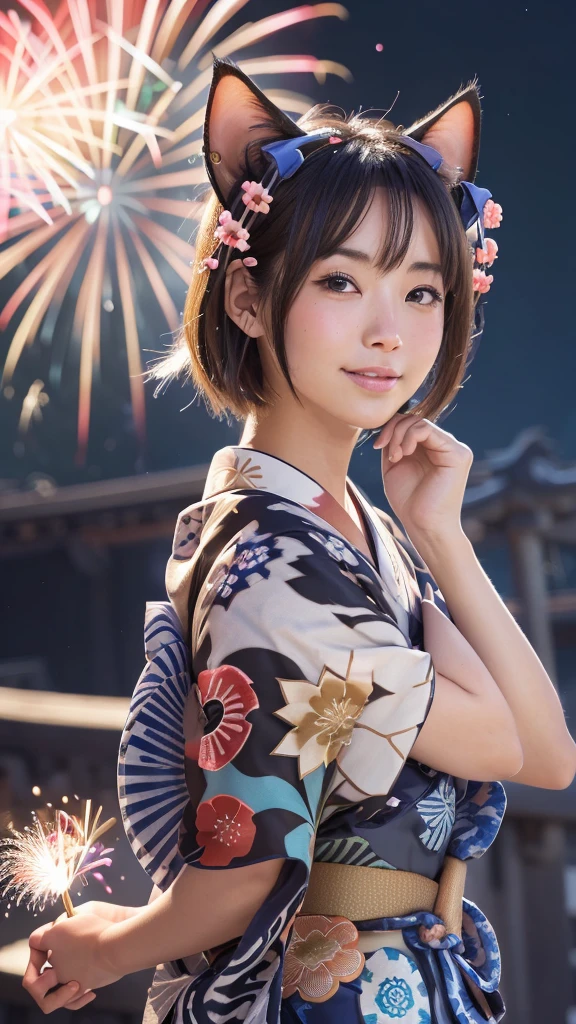 Masterpiece, 4k, Bokeh, beautiful face, (Japanese idle:1.6),
(wearing detailed yukata:1.5), (posing), (Perfect hands:1.2),
BREAK,
(Beautiful fireworks in the night sky background:1.3), (Cat ears:1.3),
