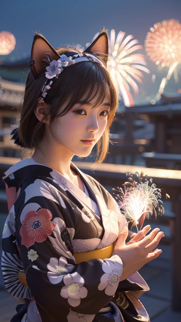 Masterpiece, 4k, Bokeh, beautiful face, (Japanese idle:1.6),
(wearing detailed yukata:1.5), (posing), (Perfect hands:1.2),
BREAK,
(Beautiful fireworks in the night sky background:1.3), (Cat ears:1.3),