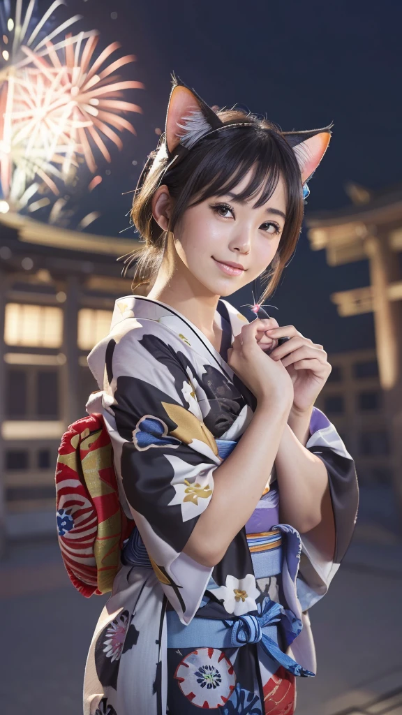 Masterpiece, 4k, Bokeh, beautiful face, (Japanese idle:1.6), 
(wearing detailed yukata:1.5), (posing), (Perfect hands:1.2), 
BREAK,
(Beautiful fireworks in the night sky background:1.3), (Cat ears:1.3), 