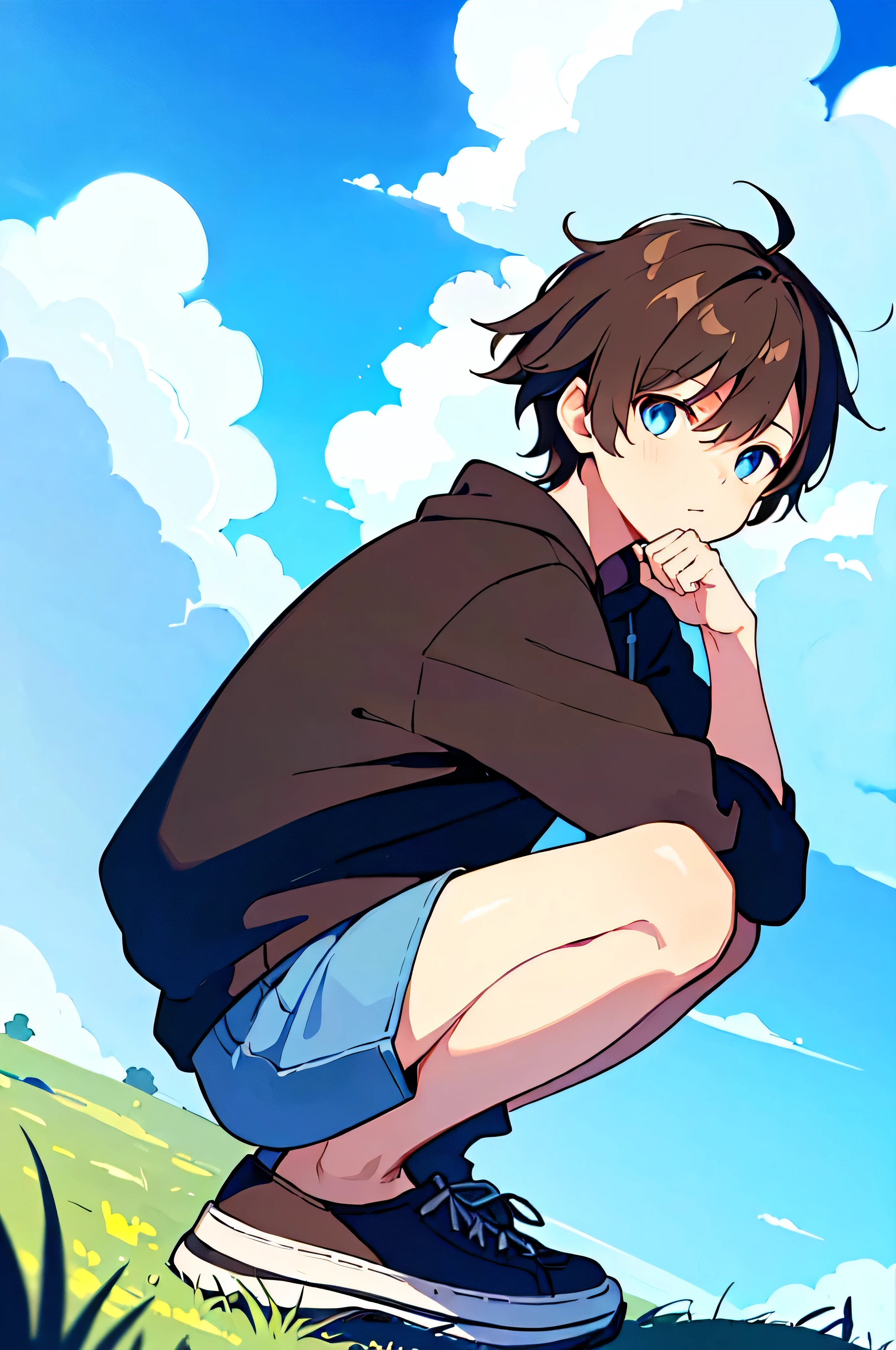 [(SKY BACKGROUND:1.5),::5], (((masterpiece))), high quality, very_high_resolution, large_filesize, full color, medium long shot, squatting, Solo, (1  boy), 13 oldrt brown hair), vivid color, Blue eye, summer clothes, Summer Sneaker, anime style