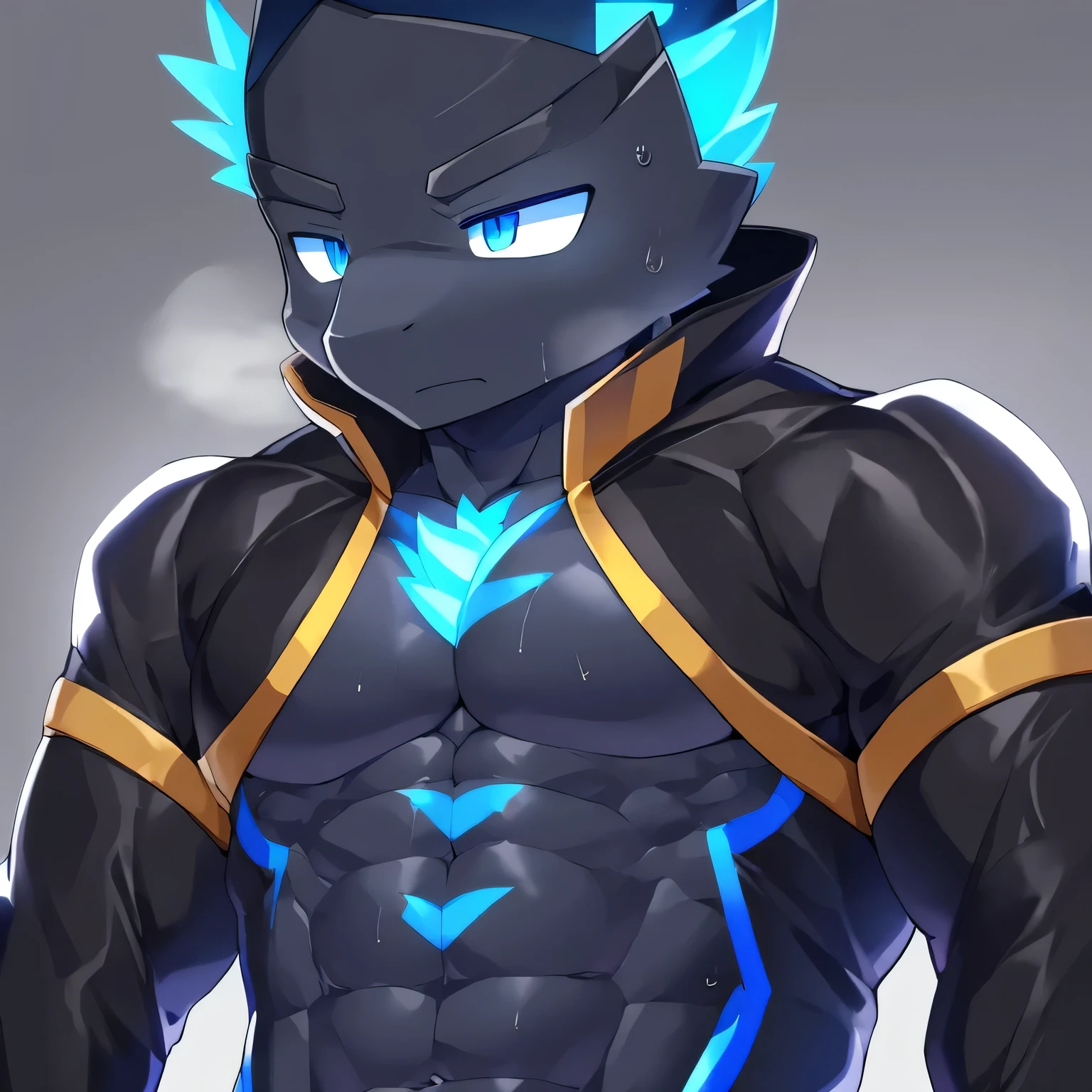 Thin macho　western black dragon　　abs　　　　　Hollow abs　　body suit　　thick arms　　　chest rig　　　、sweaty　　　skin glow　　profile　　Wearily　short of breath　　  　Chemo shota　　Thick chest have a 　blue eyes　Tired look　Glowing abs　Deep abdominals jacket　profile　One person　Hero Suit