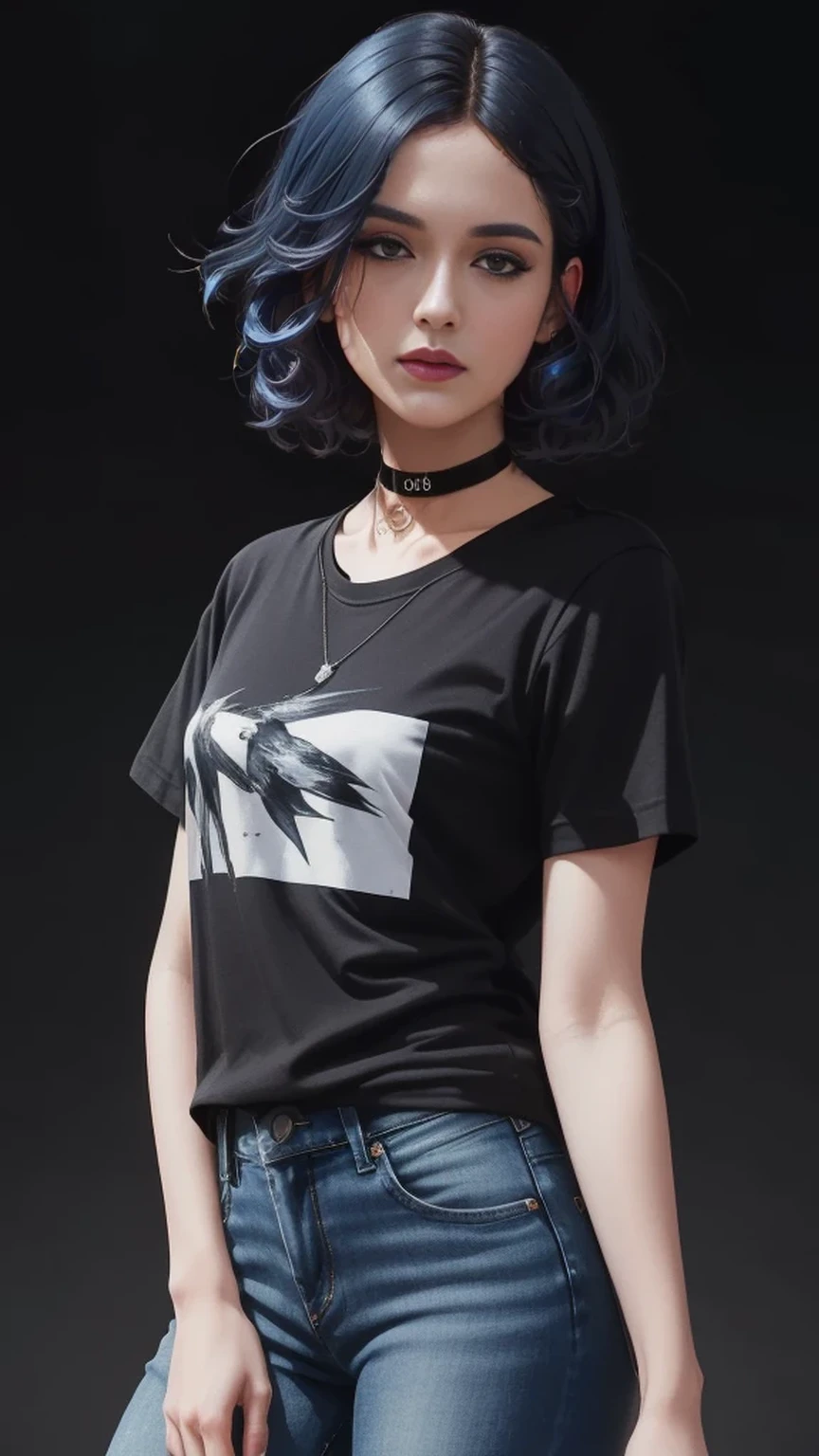 black hair with little deep blue highlights, wavy bob hair style,((illustration)), (((masterpiece))), ((best quality)), (High resolution), (detailedlight), ((intricate detail)), (highres), (very detailed CG 8k wallpaper),Beautiful Lighting, Perfect Lightning, Realistic Shadows, [High Resolution], Detailed Skin, Super Delicate,
