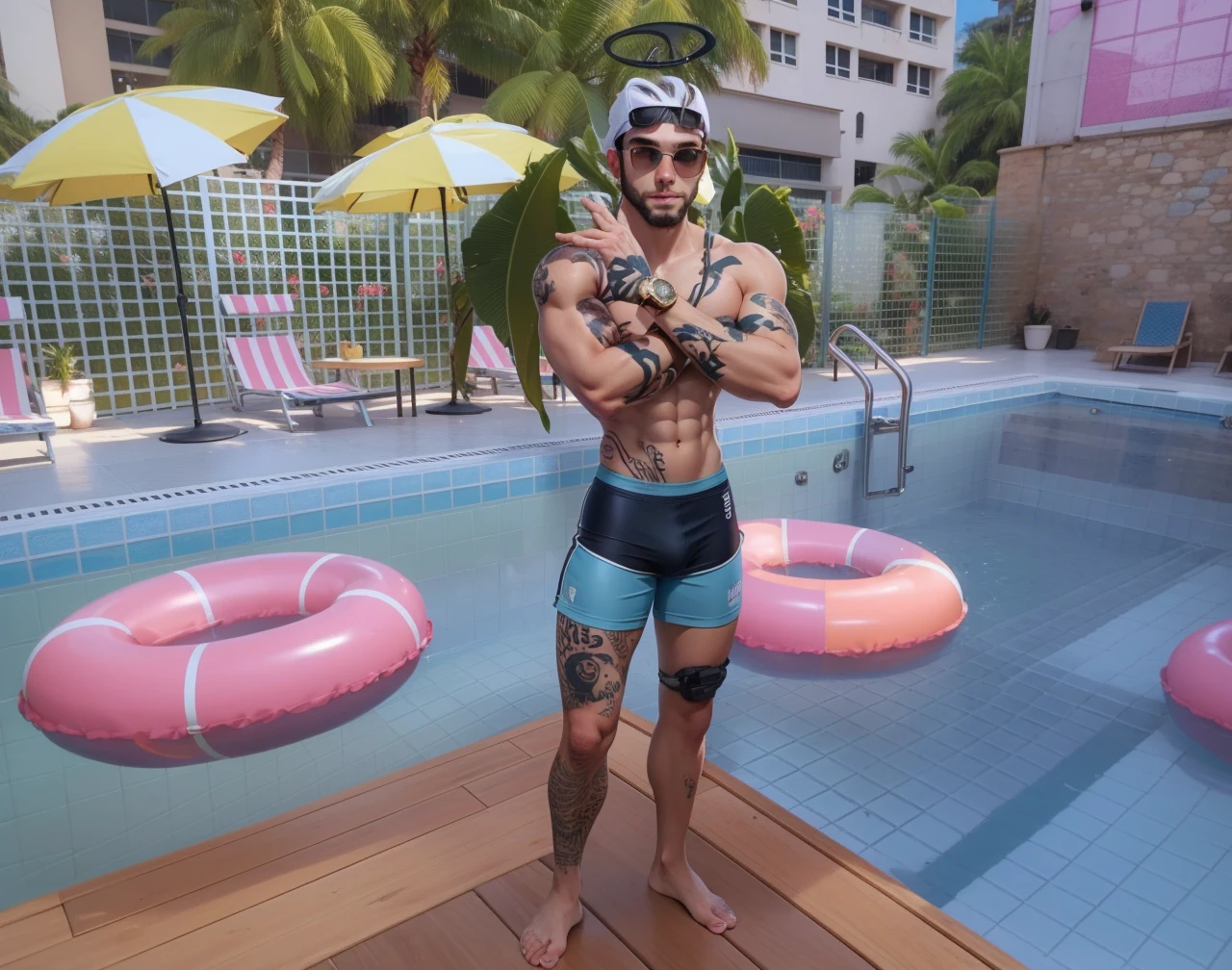 Best quality, 24 anos, cabelo curto branco, ambiente piscina, sunga de piscina, asa dourada, goggles on forehead, tatto, gold watch, barba, olhos azuis, piscina, sosinho