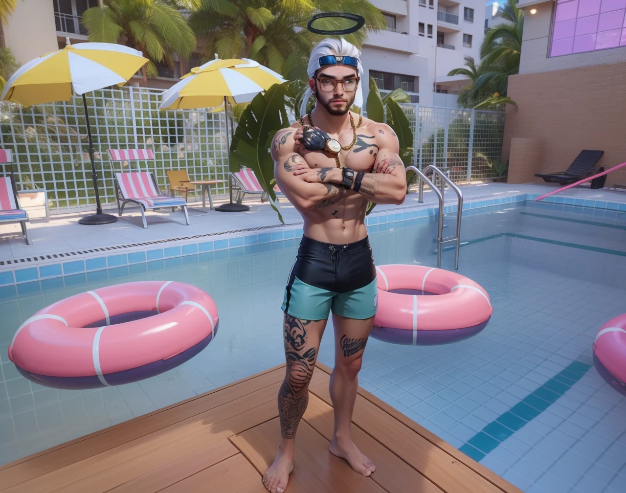 Best quality, 24 anos, cabelo curto branco, ambiente piscina, sunga de piscina, asa dourada, goggles on forehead, tatto, gold watch, barba, olhos azuis, piscina, sosinho