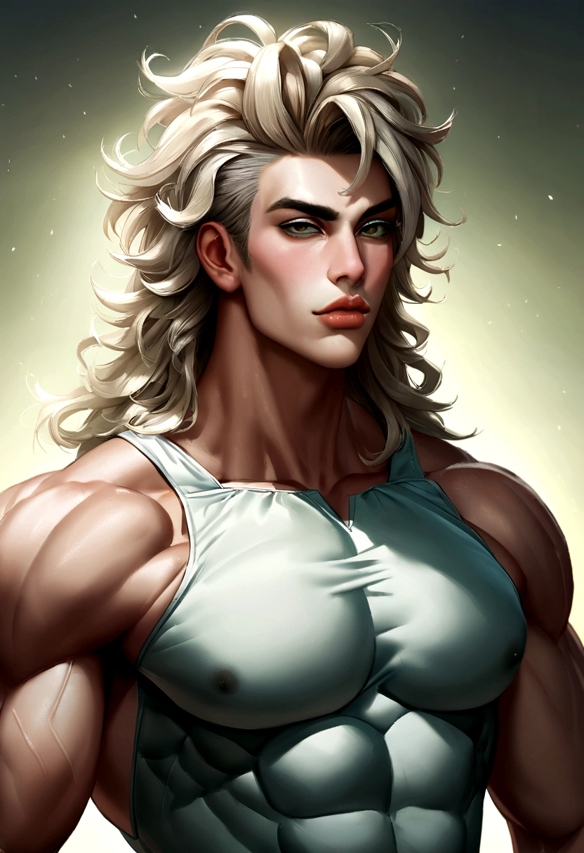 Retrato de um belo modelo masculino, 28 anos de idade, sem camisa, with short blonde and messy hair, olhos verdes super claros, thick lips, defined muscles, perfect muscles, peito nu, ajustar, corpo rasgado, fechar-se, rosto ultra detalhado, realista, dramatic lighting, fraca light