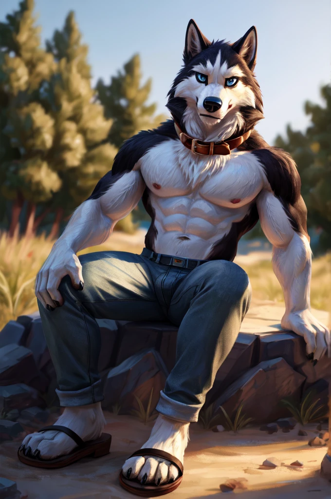 obscene content, A high resolution, super A high resolutionolution, beautiful details, Beautiful eyes, depth of field, One focus, detailed background, high quality, good lighting, A high resolution, (((masterpiece))), 8 k, depth of field, ray tracing, detailed background, excellent lighting, detailed face and body, detailed lighting, [Cinematic lighting], [backlight], [detailed ambient light], [gray natural light], [sharp focus], (One),
Style_\(Balto\), Style, (Men's Antro (Alaskan_Malamute) fluffy), husky, canine, Canis, canine, wolf, tail, (thick fluffy tail), large paws, Toe claws, big ears, high ears, Beautiful, masculine, muscular, large muscle, muscular legs, Blue eyes,
(wear a collar, (jeans)), sandals with heels, 
Sitting, outside, nature,summer, coming, Looking at the viewer,
(detailed fluffy fur, fluffy, detailed fur):1.4, realistic fur, photorealistic fur, ((long fur)),
by Bonifasco, 