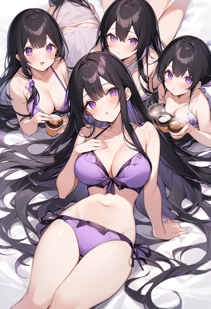 Wearing a purple bikini、barefoot。hair is black、Purple eyes。Breasts are K cup。The skin is white and、Long hair。Has one brother and one sister。My sister has an E cup。All of them have black hair。6 siblings。It's like diving into the ocean and looking at the coral reefs and fish.。Like we're lined up on the beach with the beach houses。My brother is wearing a purple rash guard swimsuit.。My only brother is 180cm tall.、The body type is not large。