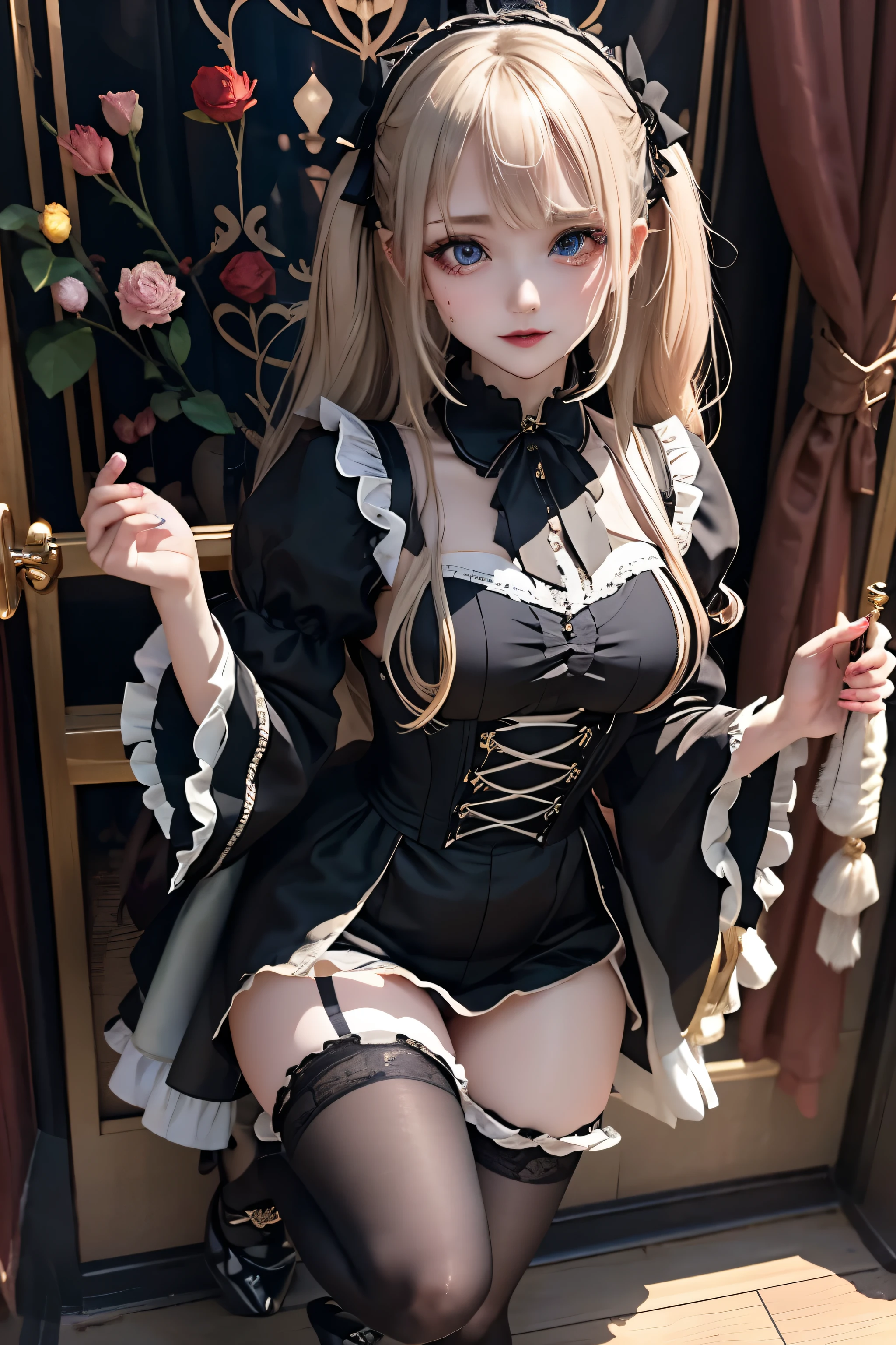 Hard Dark Gothic Makeup、Black dark eyeshadow、sad、Good skin radiance、Dark Gothicメイク、Dark smile、palace、The beauty of fragrance、24-years-old、Expression of intense sexual pleasure、Embarrassed look、Dark Gothic、Highest quality、Expression of sexual pleasure amid suffering、Drunk face、紫のMaid clothes、Mysterious、Noble、The face of someone holding it in the toilet、sexy、Loving smile、Twin tail hair、Right blue eye, Left eye is red、Super tempting pose、Platform Heel Shoes、Heavy makeup、Gothic ta clothes、Silver Hair、Long Hair Straight Hair、Cute Gothic Loliress、Beautiful Face、elegant features、Attractive face、Stained glass is the background、Chest glistening with sweat、The room is dark、goth long dress、Bell Sleeves、Wizard Sleeve、Decadent look、Sexually excited expression、Glossy thighs wet with water、Thighs that are wet and shiny with oil、Background of a room full of roses、sad expression、Rose Maiden、The embroidery is pink、The dress has pink embroidery.、Thigh-high socks、Knee-high socks、Gentle expression、Dark black eyeshadow、Stained glass and rose background、thighs are a little thin、Female Duo、Female couple、dark church background、Stained glass、Black metal world、Dark Castle、Dark Room、Slender body、gothic long dress、Victorian dress、Her thighs are shining with sweat、My body is wet and shiny、Lots of glitter on the thighs、sweating、My thighs are sticky from sweating、Sweat glistening on my thighs, The whole body is sweaty and shiny、I sweated a lot.、My thighs are sweaty、My thighs are wet、My thighs are shining with sweat、A lot of sweat glistening all over the body、Small breasts、upright、Are standing、Hold the wine in your right hand、Hold the lantern in your left hand、pantyhose、Dynamic Angle、