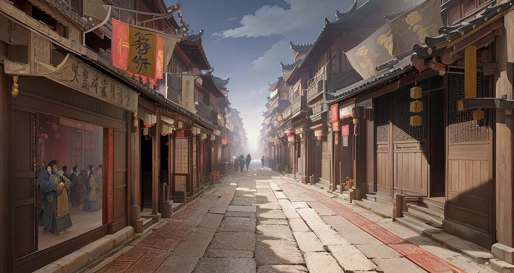 There is a painting，The picture shows a street with many buildings, The ancient city streets behind her, Chinese streets, Dreamy Chinatown, Beautiful rendering of the Ming Dynasty, China Town, Traditional Chinese Concept Art, old asian village, Ancient city landscape, China Village, Anime Landscape Concept Art, old Chinese streets market, Dressed in vintage street clothes, China city, Chinese feudal background