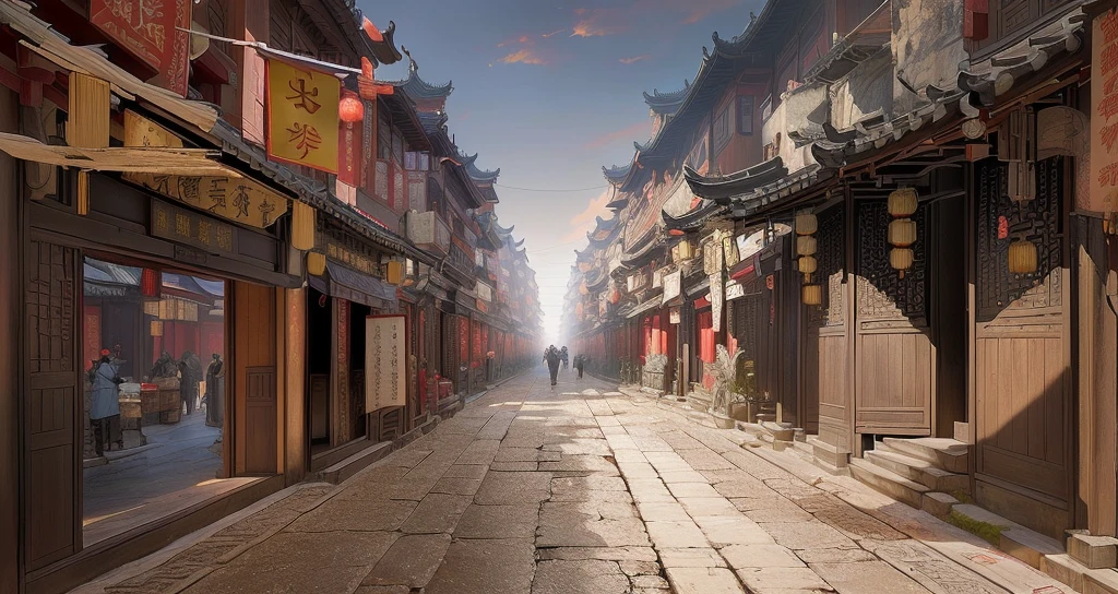 There is a painting，The picture shows a street with many buildings, The ancient city streets behind her, Chinese streets, Dreamy Chinatown, Beautiful rendering of the Ming Dynasty, China Town, Traditional Chinese Concept Art, old asian village, Ancient city landscape, China Village, Anime Landscape Concept Art, old Chinese streets market, Dressed in vintage street clothes, China city, Chinese feudal background