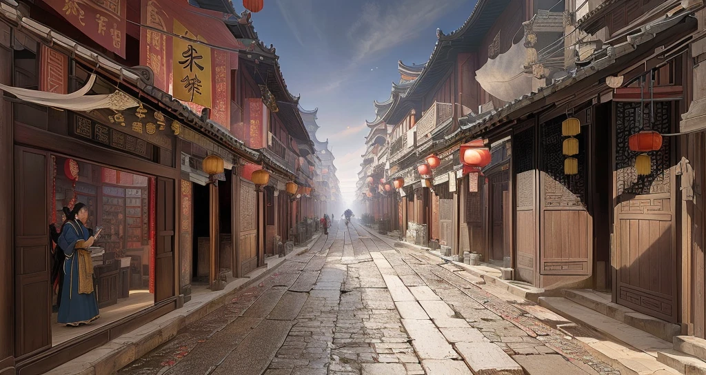 There is a painting,The picture shows a street with many buildings, The ancient city streets behind her, Chinese streets, Dreamy Chinatown, Beautiful rendering of the Ming Dynasty, China Town, Traditional Chinese Concept Art, old asian village, Ancient city landscape, China Village, Anime Landscape Concept Art, old Chinese streets market, Dressed in vintage street clothes, China city, Chinese feudal background