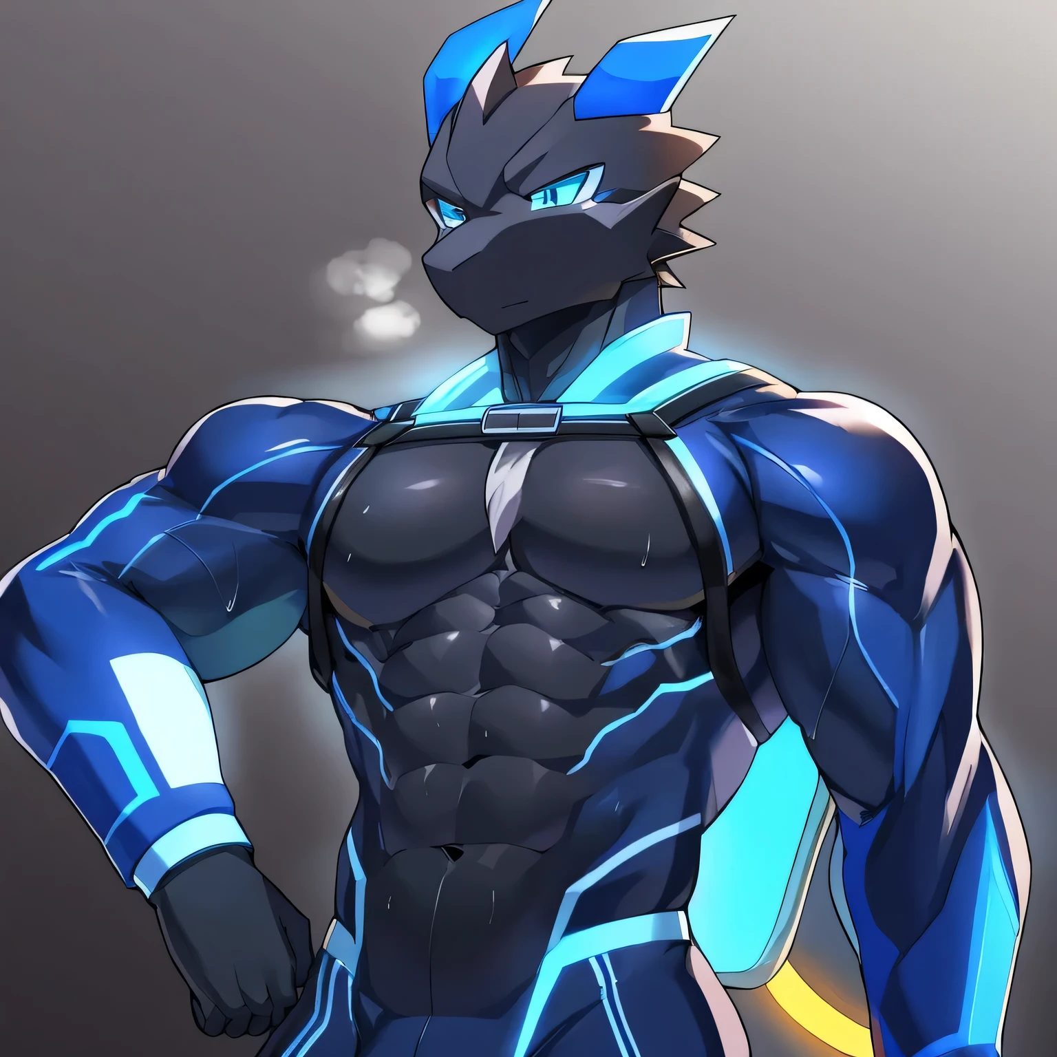 Thin macho western black dragon abs Hollow abs body suit thick arms chest rig 、sweaty skin glow profile Wearily short of breath Chemo shota Thick chest have a blue eyes Tired look Glowing abs Deep abdominals jacket profile One person Hero Suit