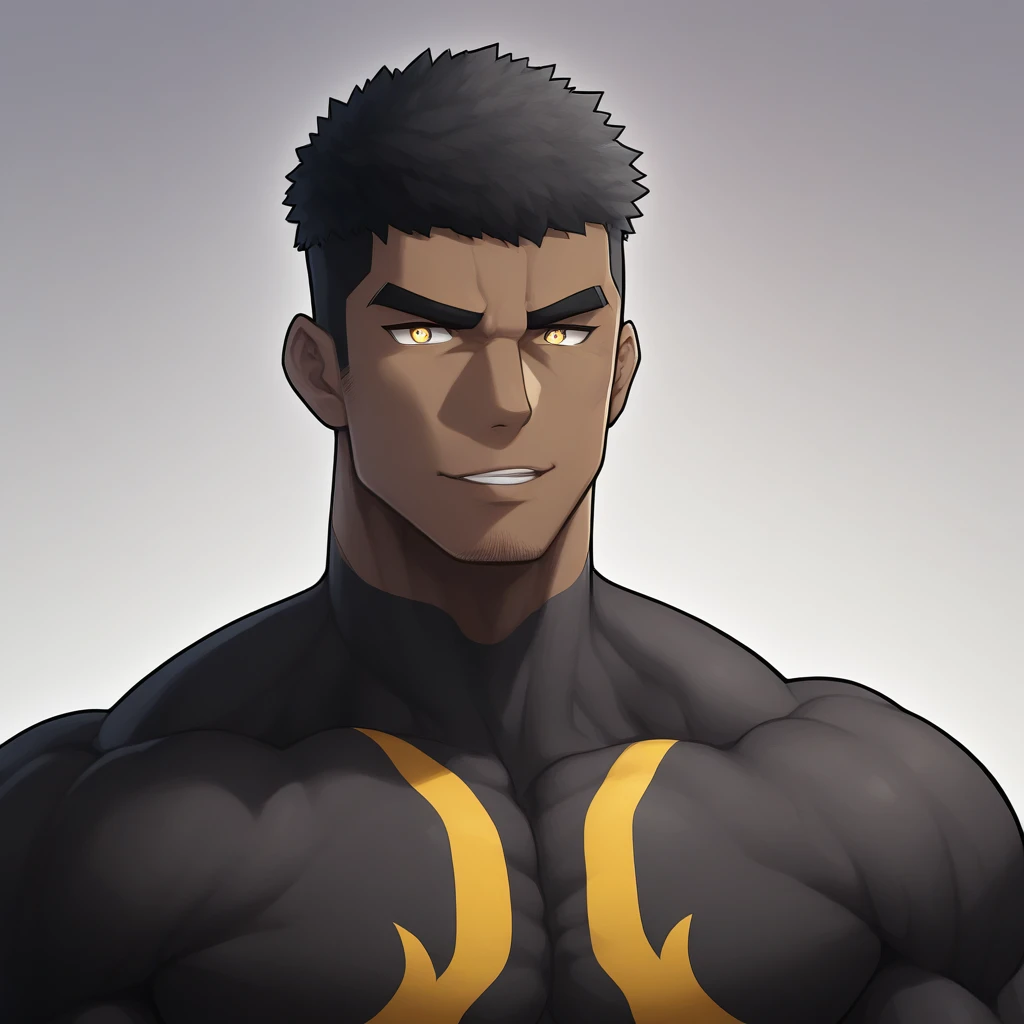 negro, negro, negro, anime characters：Gyee, Muscle Sports Student, negro black skin, Very Black, 1 muscular tough guy, Manliness, male focus, Dark grey and Yellow long sleeve tights, Symmetrical floral pattern, Very tight, The pectoral muscles are oversized, Slightly transparent, muscular male, muscular, only, Upper body, alone, Black short hair, Thick eyebrows, stubble, Yellow eyes, White background, simple background, amazing quality, best aesthetics, Ridiculous, bright pupils, crew cut, parted lips, seductive smile, torogao, naughty face, best quality