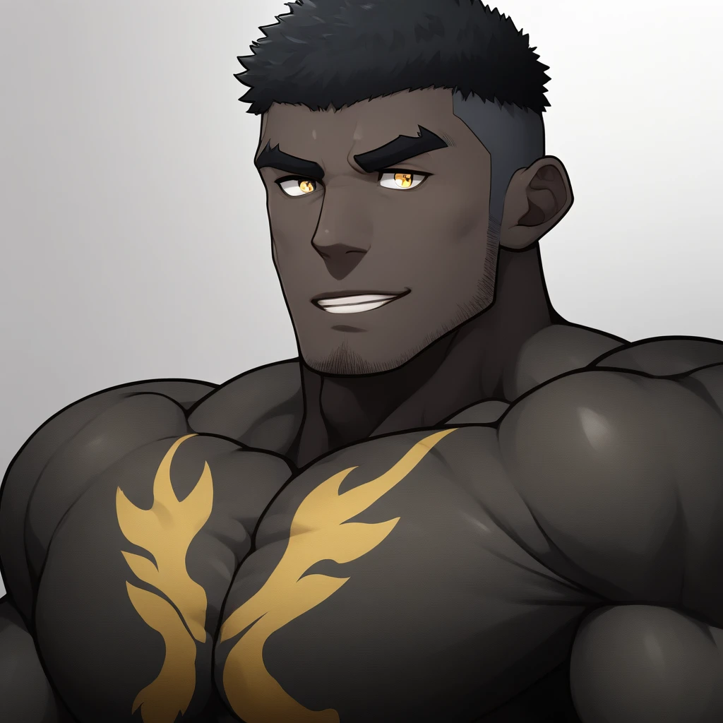 negro, negro, negro, anime characters：Gyee, Muscle Sports Student, negro black skin, Very Black, 1 muscular tough guy, Manliness, male focus, Dark grey and Yellow long sleeve tights, Symmetrical floral pattern, Very tight, The pectoral muscles are oversized, Slightly transparent, muscular male, muscular, only, Upper body, alone, Black short hair, Thick eyebrows, stubble, Yellow eyes, White background, simple background, amazing quality, best aesthetics, Ridiculous, bright pupils, crew cut, parted lips, seductive smile, torogao, naughty face, best quality