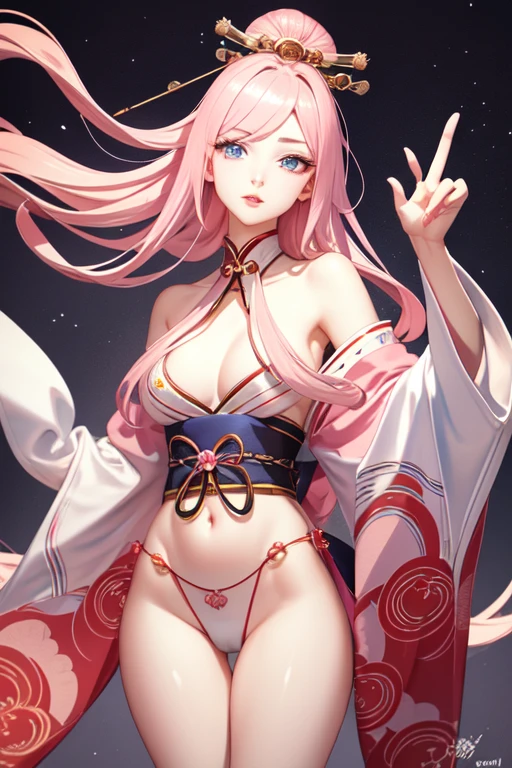1girl, japanese clothes ,pink hair, open forehead, blue eyes,, slim waist,17th century Japan, the Emperor's daughter, 20 years old, long legs, oiran, adult, looking behind his back, night, a beautiful woman in a kimono, correct anatomy, best quality, detailed eyes, high-quality hair, 2 eyes, 2 hands, correct leg anatomy, 2 legs, correct hand anatomy, long eyelashes, beautiful lips, lots of details, an adult beauty