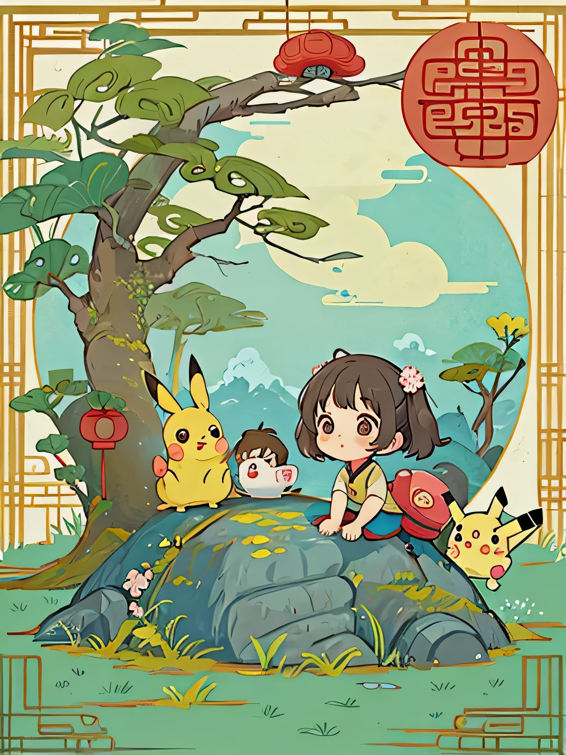 Hayao Miyazaki style、Kawaii Design, most beautiful girl ever、Chibi, (((expedition)))、(((ancient China))), Pikachu, Totoro, Lunar Surface, Colorful and cute pillbugs, Gokuu