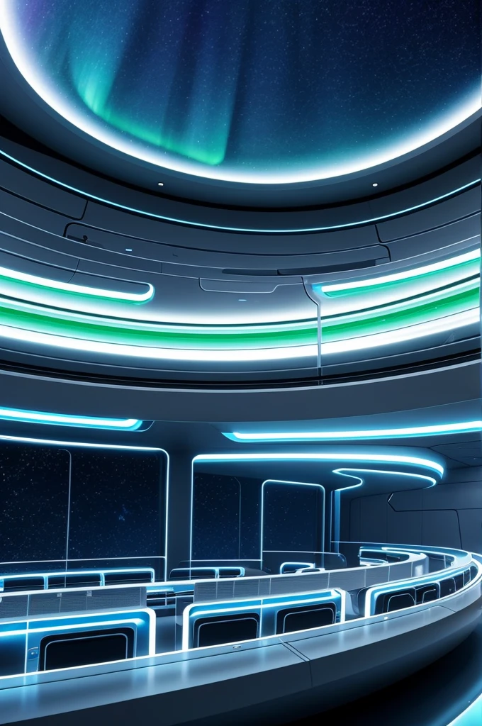 Futuristic research center with advanced AI technology, scientists working on Project Aurora, sleek and modern design."