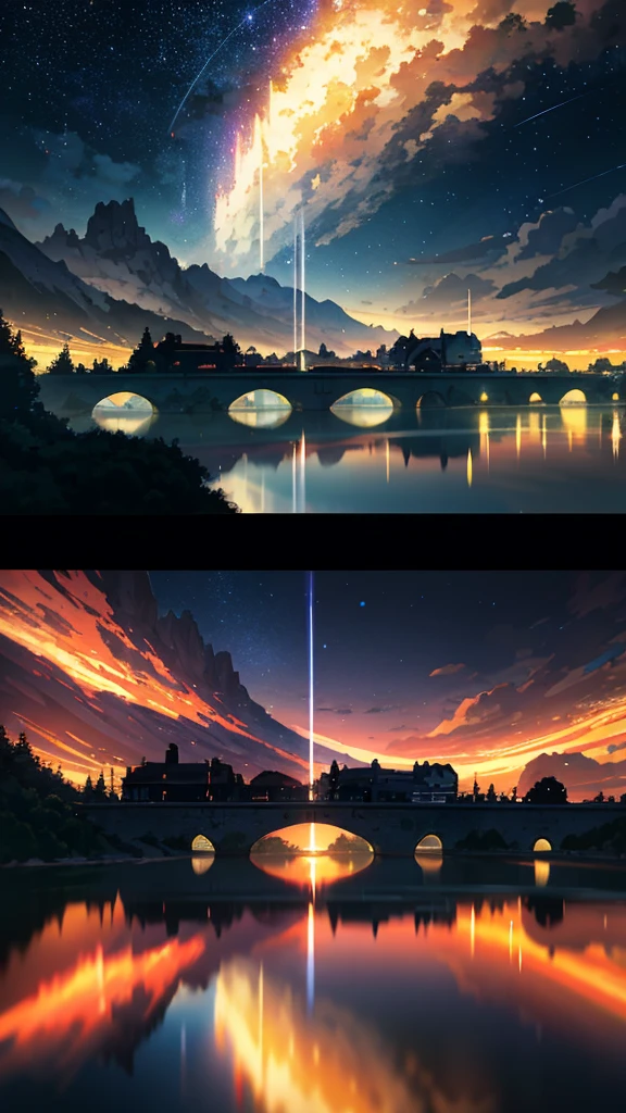 High quality masterpiece, landscape, Animated train passing through water on the tracks, Bright starry sky. Romantic Train, Pixiv, Concept Art, Lofi Art style, reflection. by Makoto Shinkai, Lofi Art, Beautiful anime scene, Anime landscape, 詳細なlandscape —幅672, in Makoto Shinkai's Style, Makoto Shinkai's Style, Enhanced Details.