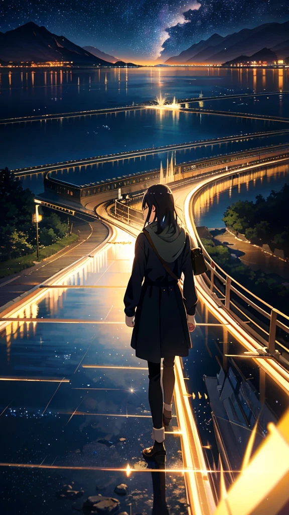 High quality masterpiece, landscape, Animated train passing through water on the tracks, Bright starry sky. Romantic Train, Pixiv, Concept Art, Lofi Art style, reflection. by Makoto Shinkai, Lofi Art, Beautiful anime scene, Anime landscape, 詳細なlandscape —幅672, in Makoto Shinkai&#39;s Style, Makoto Shinkai&#39;s Style, Enhanced Details.