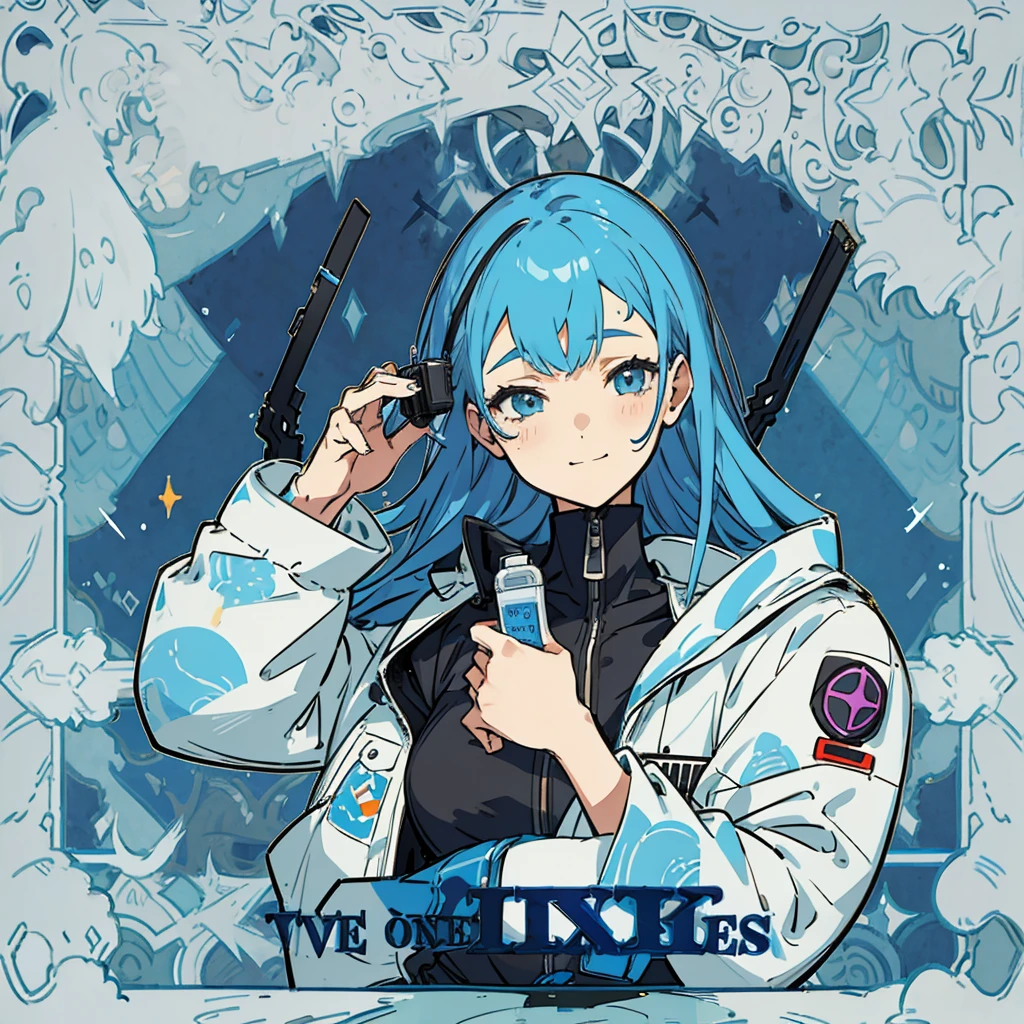 A blue-haired girl has a sad expression and is smiling. Her clothes are cyberpunk. She is looking at herself. She is giving medicine. She is giving beautiful medicine.