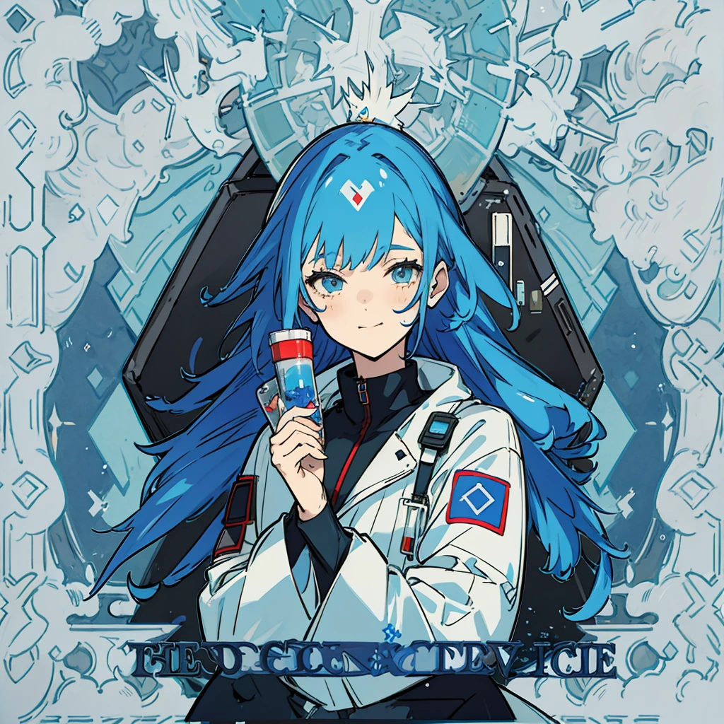 A blue-haired girl has a sad expression and is smiling. Her clothes are cyberpunk. She is looking at herself. She is giving medicine. She is giving beautiful medicine.