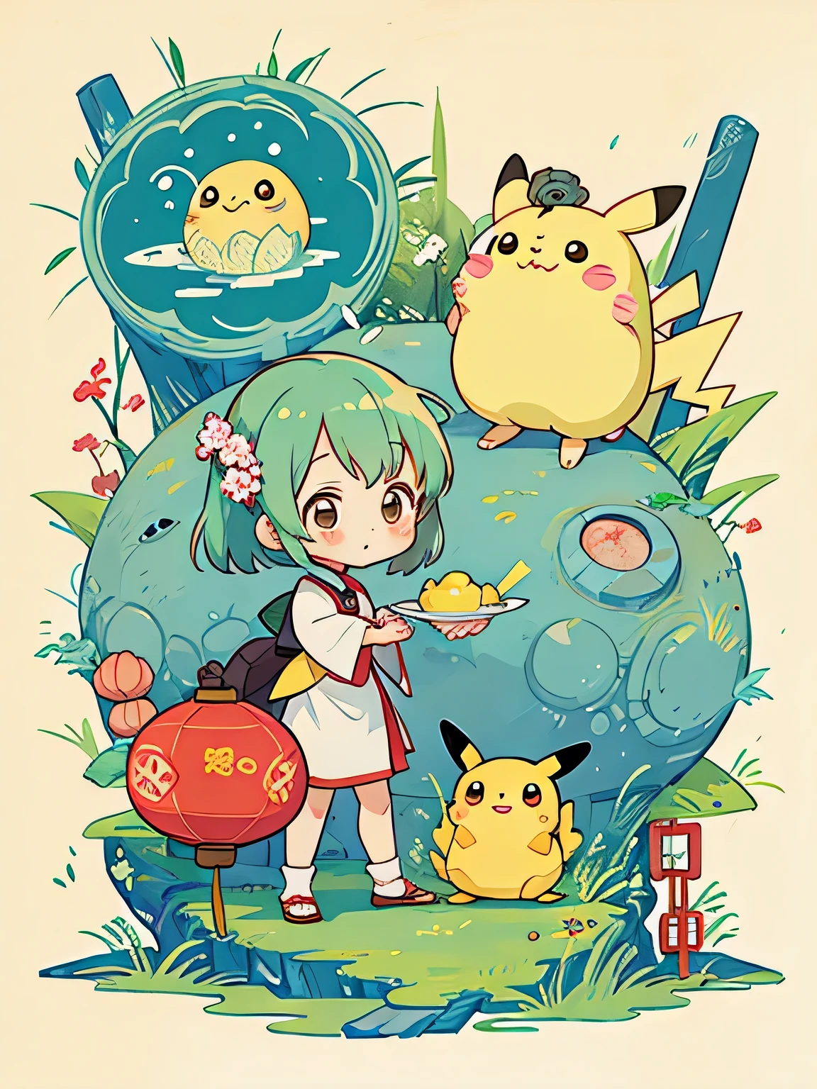 Hayao Miyazaki style、Kawaii Design, most beautiful girl ever、Chibi, (((expedition)))、(((ancient China))), Pikachu, Totoro, Lunar Surface, Colorful and cute pillbugs, Gokuu