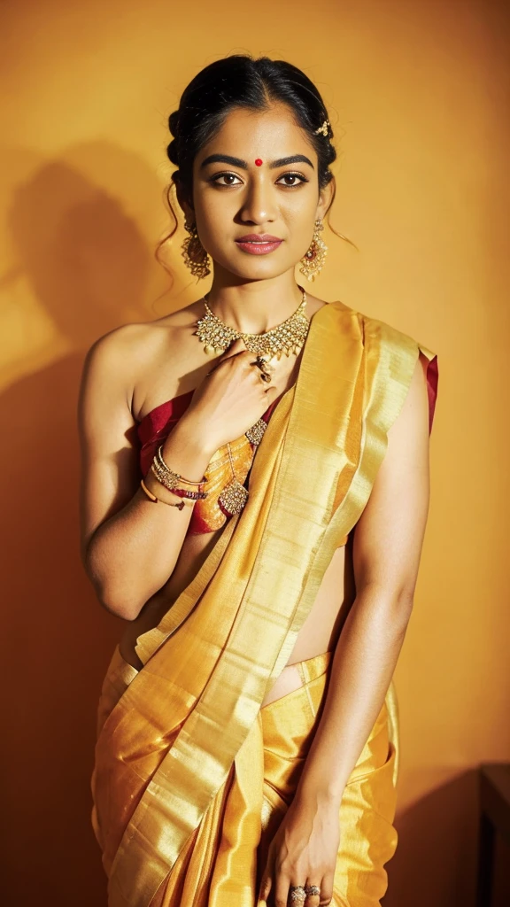 a close up of a woman in a sari posing for a picture, sari, dressed in a sari, actress, wearing a sari, stylish pose, wearing sari, biopic, sensuous, posing!!, orange yellow ethereal, mixed art, stylish, glamorous pose, by Ella Guru, inspiration, very extremely beautiful, beautiful pose, irresistible, description, mesmerising, photoshoot,