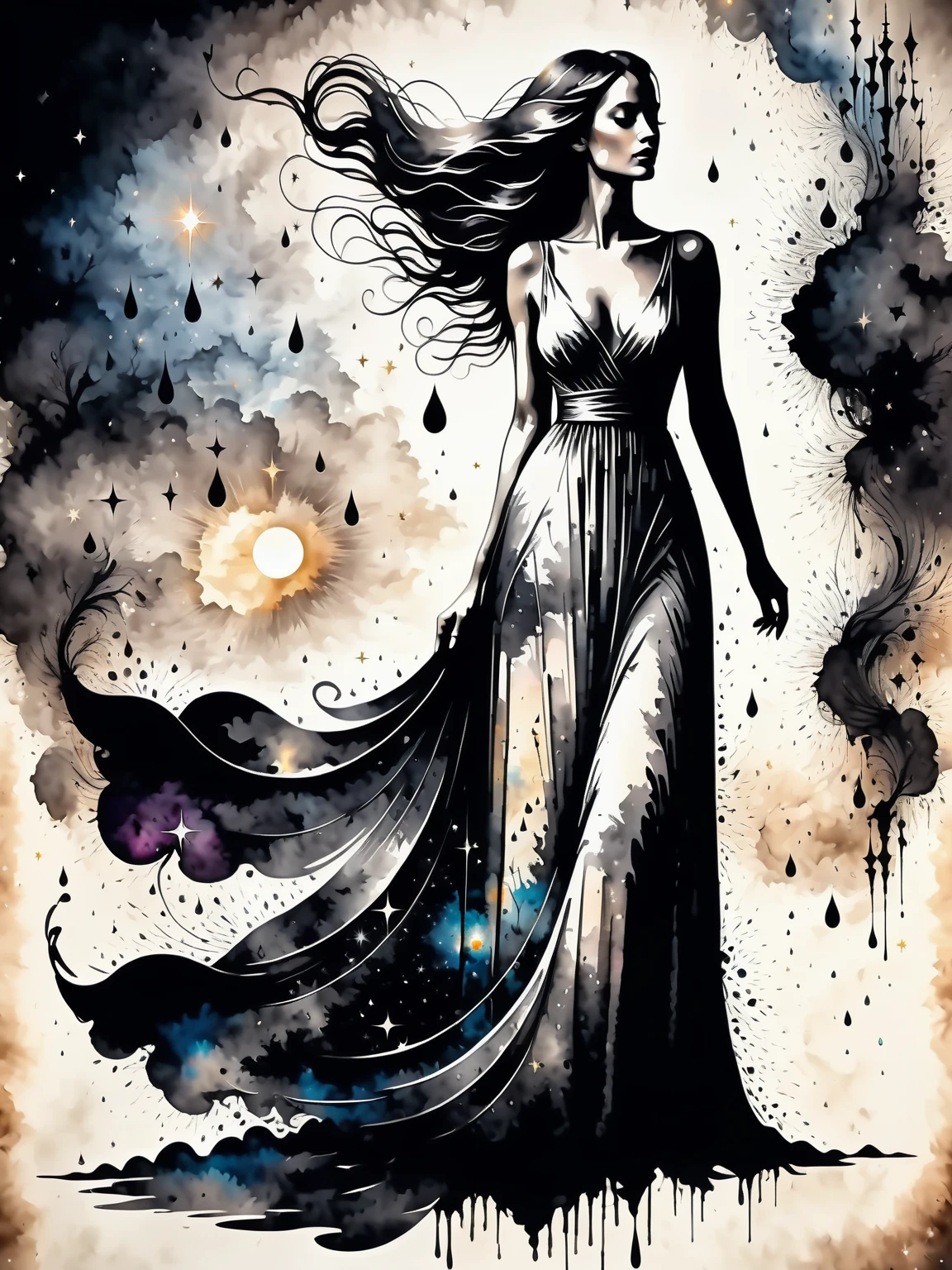 a woman with a long dress against a celestial background, double exposure, charcoal, dramatic digital illustration, abstract, high quality, beautiful, highly detailed, 8k, fantasy, (monochrome:1.2),  Inkstains 
