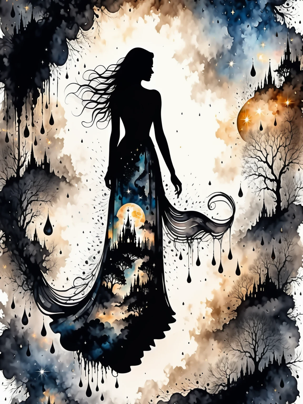 a woman with a long dress against a celestial background, double exposure, charcoal, dramatic digital illustration, abstract, high quality, beautiful, highly detailed, 8k, fantasy, (monochrome:1.2), Inkstains