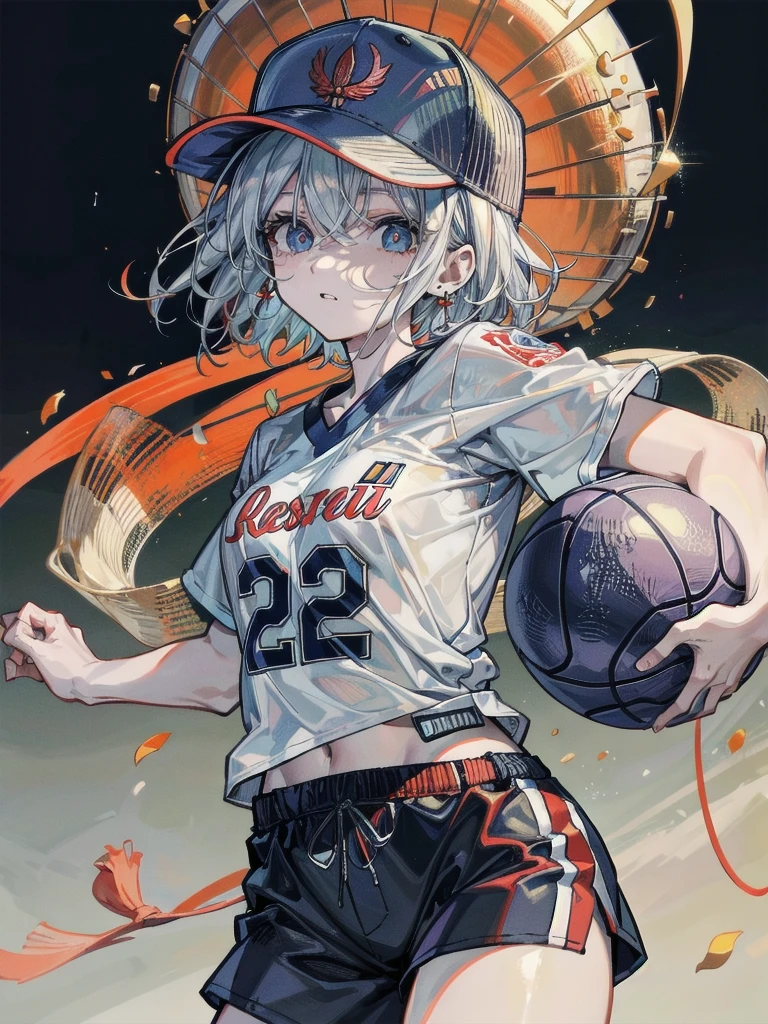 whole body, Basketball shirt, baseball cap, Hot Pants, absurdres, RAW photo, extremely delicate and beautiful, masterpiece, Best Quality, ultra high resolution, 32k, hyperrealistic, ultra-detailed, perfect figure, perfect shape, detailed description, pale skin, 20 years old, detailed beautiful face and eyes, tearful mole, earring, short medium hair, wavy hair,