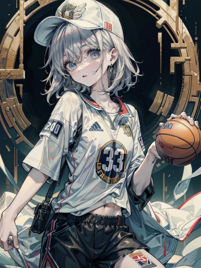 whole body, Basketball shirt, baseball cap, Hot Pants, absurdres, RAW photo, extremely delicate and beautiful, masterpiece, Best Quality, ultra high resolution, 32k, hyperrealistic, ultra-detailed, perfect figure, perfect shape, detailed description, pale skin, 20 years old, detailed beautiful face and eyes, tearful mole, earring, short medium hair, wavy hair,