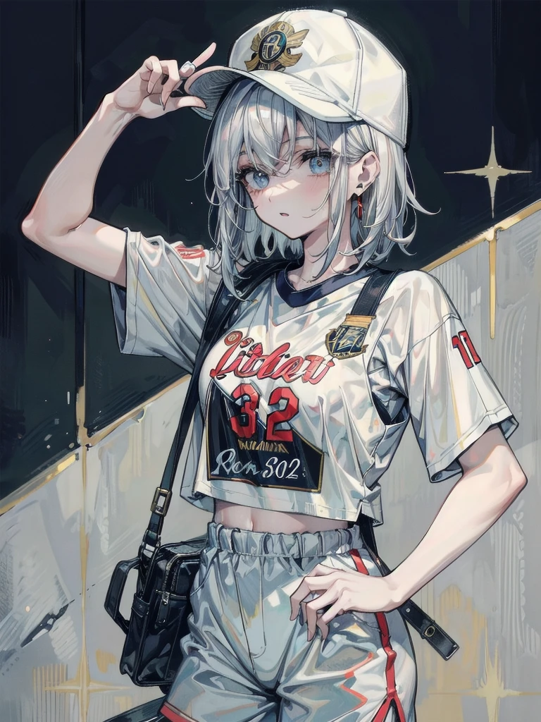 whole body, Basketball shirt, baseball cap, Hot Pants, absurdres, RAW photo, extremely delicate and beautiful, masterpiece, Best Quality, ultra high resolution, 32k, hyperrealistic, ultra-detailed, perfect figure, perfect shape, detailed description, pale skin, 20 years old, detailed beautiful face and eyes, tearful mole, earring, short medium hair, wavy hair,