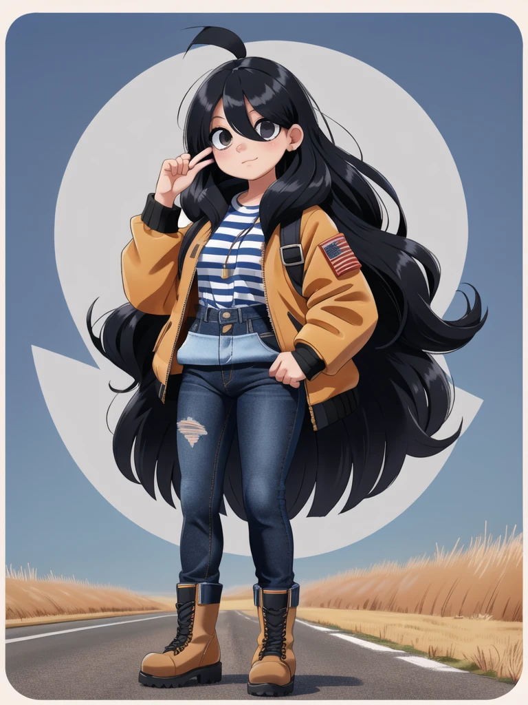 1girl,solo,closed mouth,full body, open road, military boots, work boots, heavy jacket, black jeans, oversize clothes, striped socks, posing, lucy loud, (hair over eyes:1.4), long hair