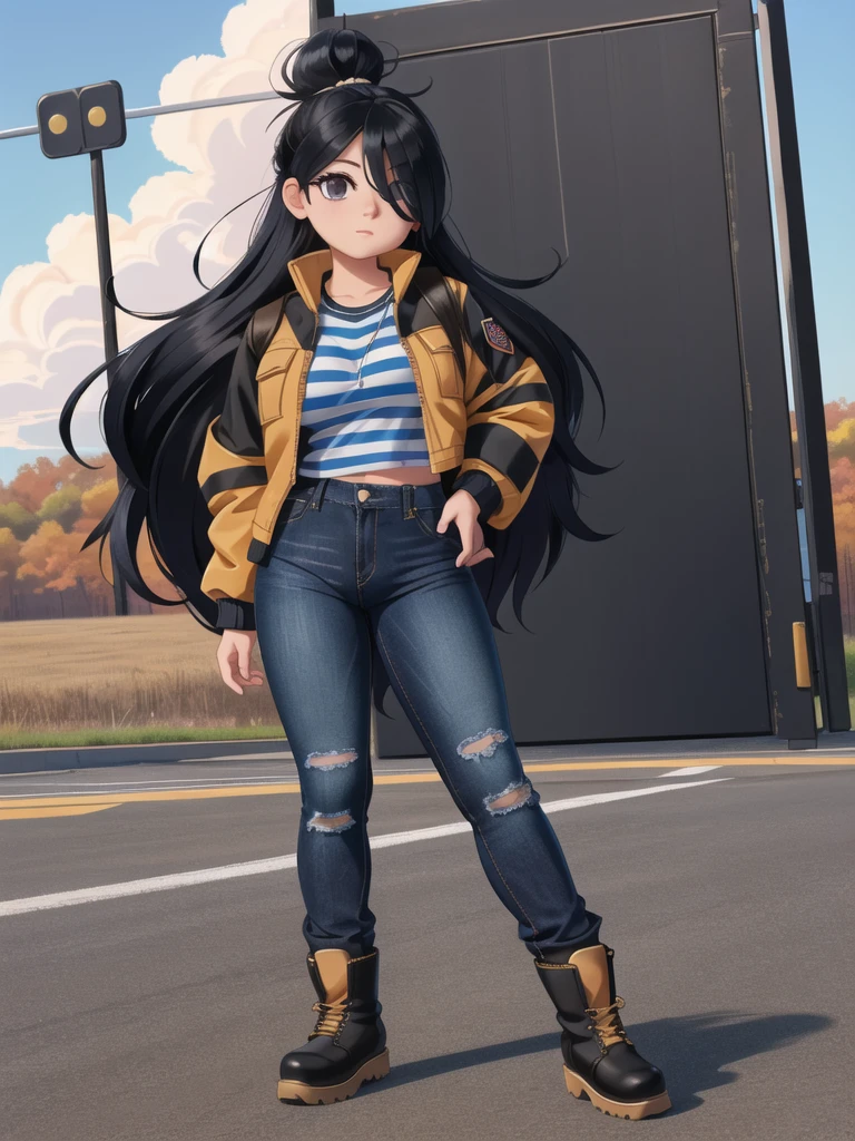 1girl,solo,closed mouth,full body, open road, military boots, work boots, heavy jacket, black jeans, oversize clothes, striped socks, posing, lucy loud, (hair over eyes:1.4), long hair