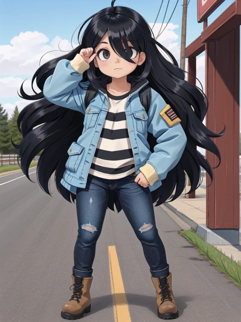 1girl,solo,closed mouth,full body, open road, military boots, work boots, heavy jacket, black jeans, oversize clothes, striped socks, posing, lucy loud, (hair over eyes:1.4), long hair