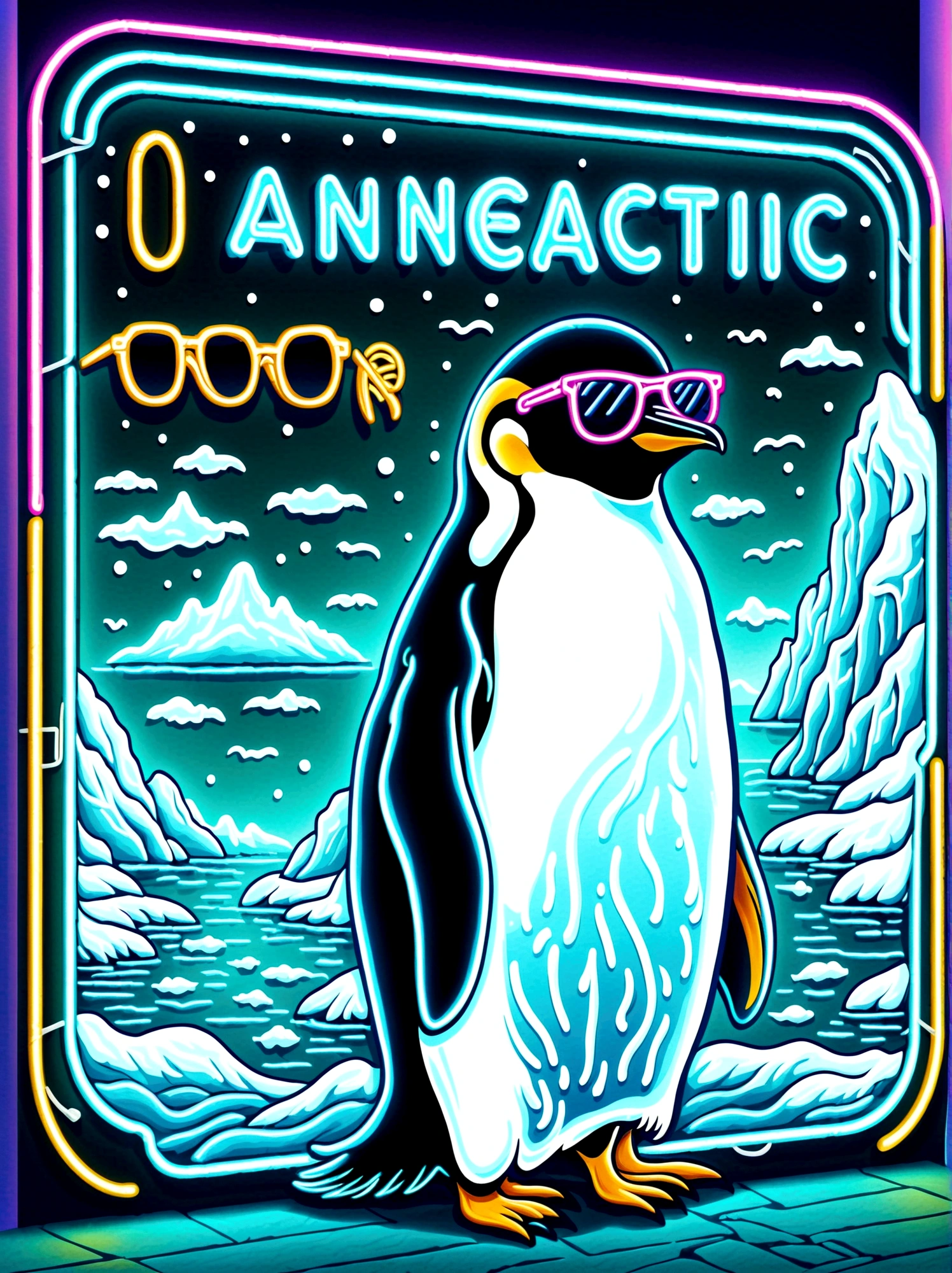 Neon，Shop sign，Antarctic Scene，iceberg，Sea，Cool emperor penguin wearing sunglasses，发光的NeonShop sign，Ultra high saturation，Bright colors