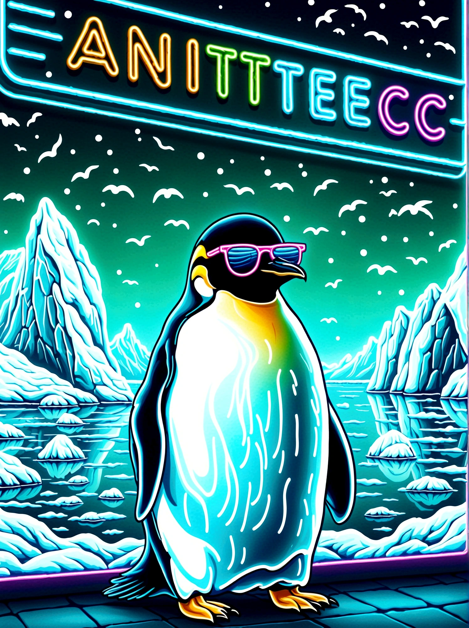 Neon,Shop sign,Antarctic Scene,iceberg,Sea,Cool emperor penguin wearing sunglasses,发光的NeonShop sign,Ultra high saturation,Bright colors