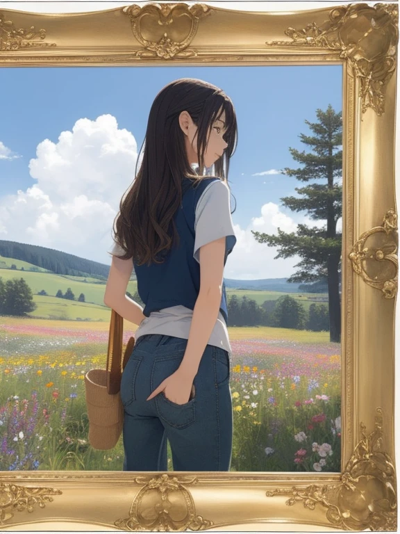 A wooden picture frame is placed on a tripod in a wide grassland filled with colorful flowers., The view inside the frame is a highly detailed photograph, The scenery outside the frame is an anime-style photo, Back view of a woman peering into a picture frame, Hiker style woman, Wearing tight long pants, A strange worldview, Parallel world style, Distortion of Space, (masterpiece:1.4), (Highest quality:1.4), Very detailed, Complex, Very detailedな, shape,colorful, Colorized,