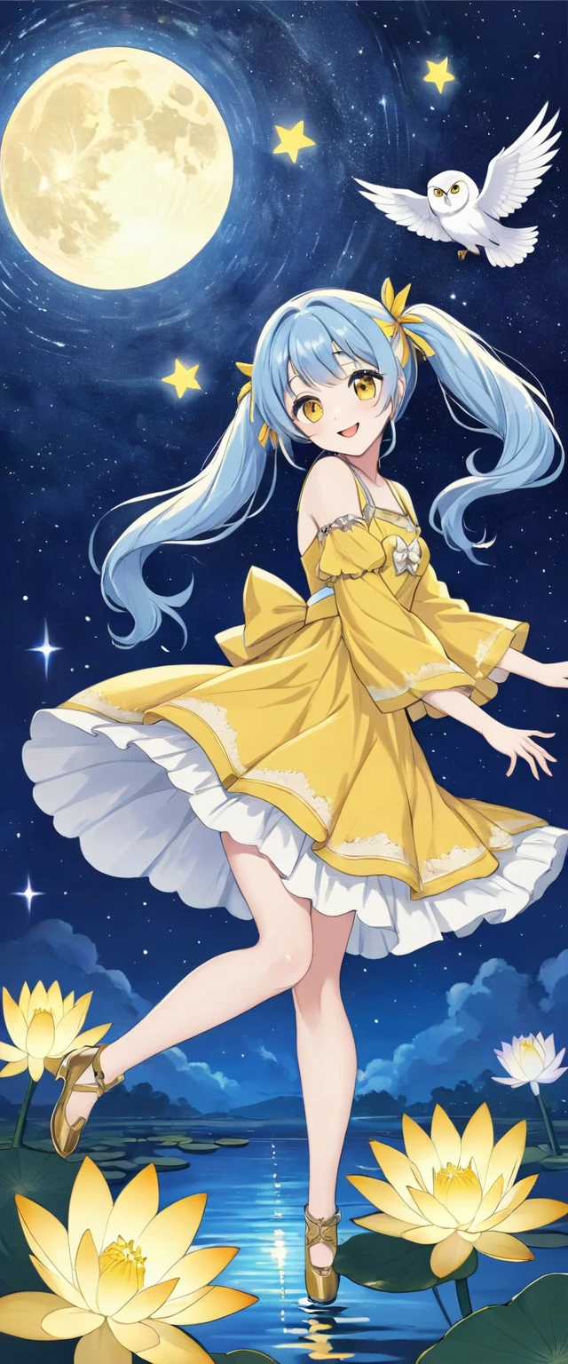 Light blue long hair，beautiful girl with twin tails、water．Vivid water lilies(many, Impressionism, Oil)、Yellow Dress、Bright smile、masterpiece、Moonlit Night、shooting star、milky way、A white owl is flying in the sky、Shining scallops are dancing