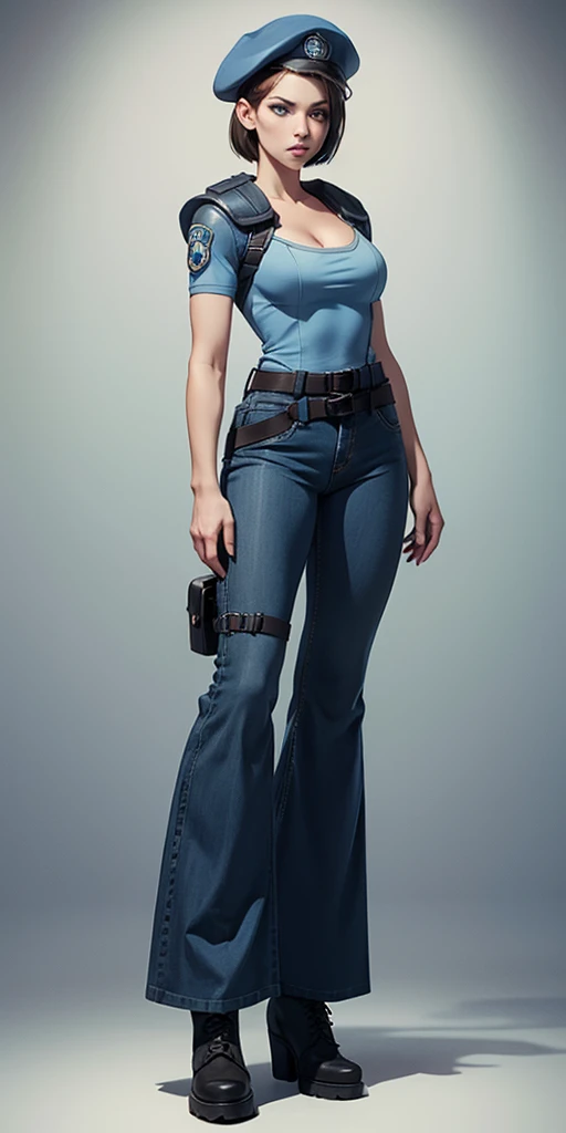 Jill Valentine, masterpiece, best quality, 1girl, solo, standing, jillre1, beret, uniform, shoulder pads, short sleeves, harness, belt, bell-bottom blue pants(Wide flares on pants:1.2), cleavage, black combat boots, full body, perfect blue eyes, perfect red mouth,