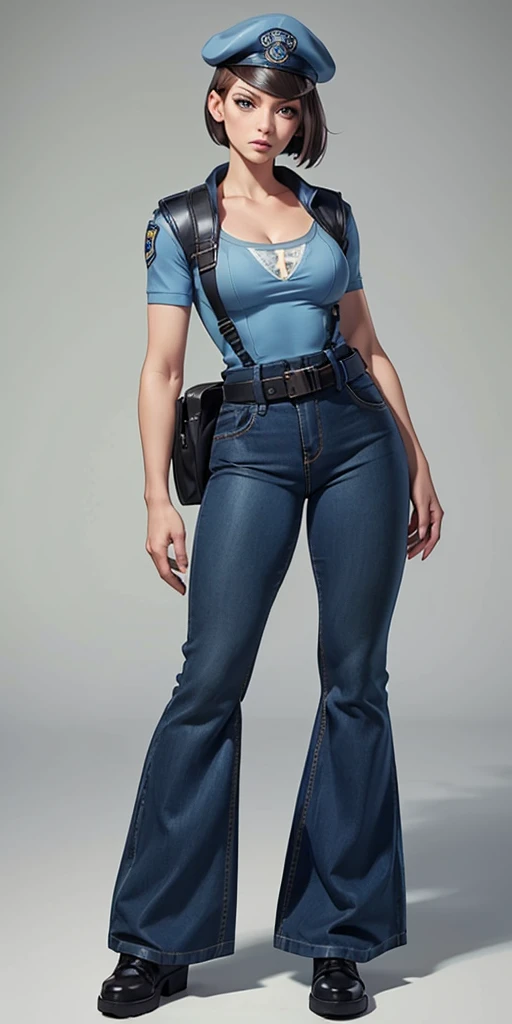 Jill Valentine, masterpiece, best quality, 1girl, solo, standing, jillre1, beret, uniform, shoulder pads, short sleeves, harness, belt, bell-bottom blue pants(Wide flares on pants:1.2), cleavage, black combat boots, full body, perfect blue eyes, perfect red mouth,