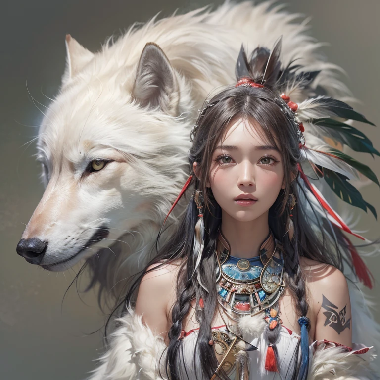 Shirakami-Sanchi、Hair flow、 ((Highest quality、masterpiece、8k、Best image quality、Ultra-high resolution、Award-winning works)、(Accurate anatomy:1.1)、(Look at me and smile:1.1)、Shining fair skin with Ultra-high resolution、The most detailed face、Ultra-high resolution detailed face、Ultra-high resolutionの髪の毛、(Ultra-high resolutionの煌めく瞳:1.1)、Beautiful face drawn in every detail、(Blurred Background:1.1)、Native American white costume, American Indian Clothing, Chest to chest, tattoo、A real giant condor next to you。Observe the white wolf