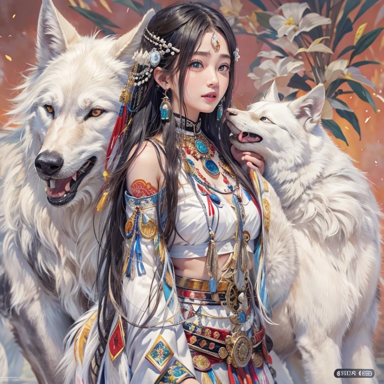 Shirakami-Sanchi、Hair flow、 ((Highest quality、masterpiece、8k、Best image quality、Ultra-high resolution、Award-winning works)、(Accurate anatomy:1.1)、(Look at me and smile:1.1)、Shining fair skin with Ultra-high resolution、The most detailed face、Ultra-high resolution detailed face、Ultra-high resolutionの髪の毛、(Ultra-high resolutionの煌めく瞳:1.1)、Beautiful face drawn in every detail、(Blurred Background:1.1)、Native American white costume, American Indian Clothing, Chest to chest, tattoo、A real giant condor next to you。Observe the white wolf