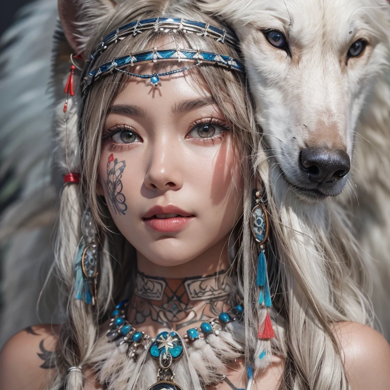 Shirakami-Sanchi、Hair flow、 ((Highest quality、masterpiece、8k、Best image quality、Ultra-high resolution、Award-winning works)、(Accurate anatomy:1.1)、(Look at me and smile:1.1)、Shining fair skin with Ultra-high resolution、The most detailed face、Ultra-high resolution detailed face、Ultra-high resolutionの髪の毛、(Ultra-high resolutionの煌めく瞳:1.1)、Beautiful face drawn in every detail、(Blurred Background:1.1)、Native American white costume, American Indian Clothing, Chest to chest, tattoo、A real giant condor next to you。Observe the white wolf