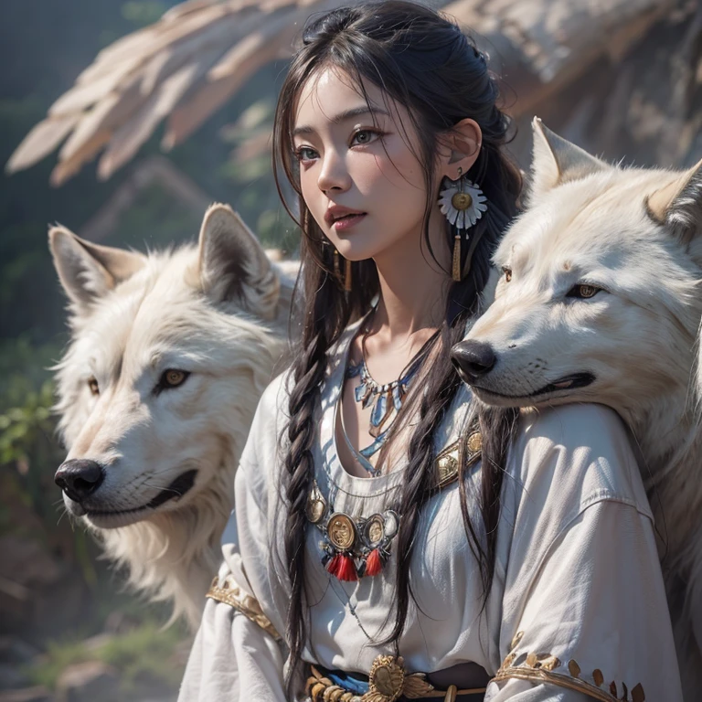 Shirakami-Sanchi、Hair flow、 ((Highest quality、masterpiece、8k、Best image quality、Ultra-high resolution、Award-winning works)、(Accurate anatomy:1.1)、(Look at me and smile:1.1)、Shining fair skin with Ultra-high resolution、The most detailed face、Ultra-high resolution detailed face、Ultra-high resolutionの髪の毛、(Ultra-high resolutionの煌めく瞳:1.1)、Beautiful face drawn in every detail、(Blurred Background:1.1)、Native American white costume, American Indian Clothing, Chest to chest, tattoo、A real giant condor next to you。Observe the white wolf