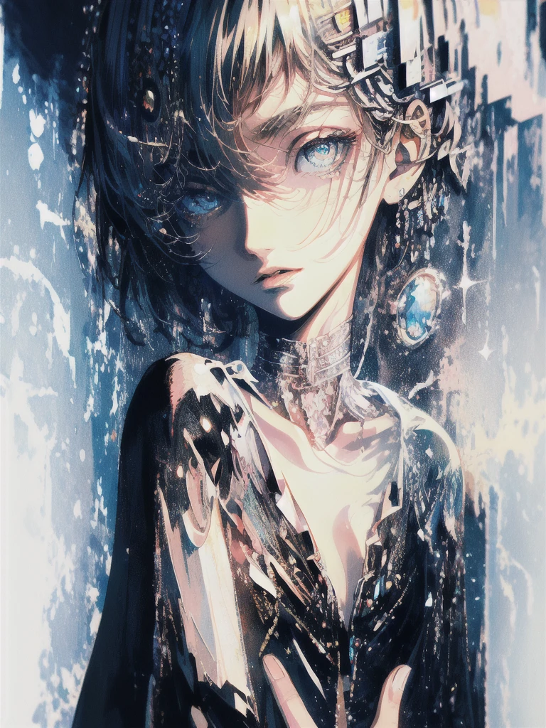 ((masterpiece, highest quality, Super detailed, High resolution)), alone, beautiful girl, shining eyes, perfect eyes, , black white gold theme,