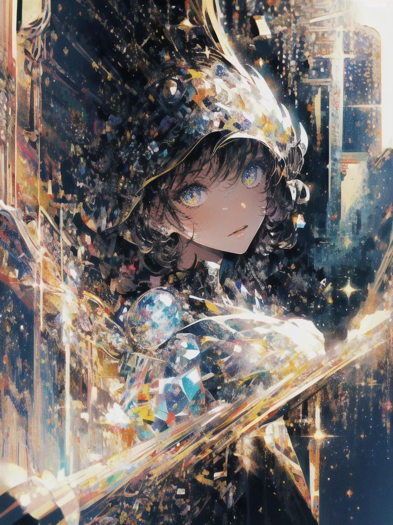 ((masterpiece, highest quality, Super detailed, High resolution)), alone, beautiful girl, shining eyes, perfect eyes, 15 years old, black white gold theme,
