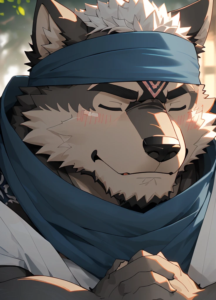 (masterpiece),(Very detailed),(best quality),hairy,Wolf,Dark black fur,white hair,Black eyebrows,Gray pupil,Muscular,(Japan samurai attire),((blue scarf)),((Brown headband)),(blush:1.1),((Hands together:1.3)),((Close your eyes)),(Pious),((Ultra HD close-up:1.4)),8K,(high quality),(Ultra high quality),(Super detailed),(Best Works)
