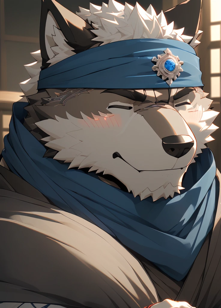 (masterpiece)，(Very detailed)，(best quality)，hairy，Wolf，Dark black fur，white hair，Black eyebrows，Gray pupil，Muscular，(Japan samurai attire)，((blue scarf))，((Brown headband))，(blush:1.1)，((Hands together:1.3))，((Close your eyes))，(Pious)，((Ultra HD close-up:1.4))，8K，(high quality)，(Ultra high quality)，(Super detailed)，(Best Works)